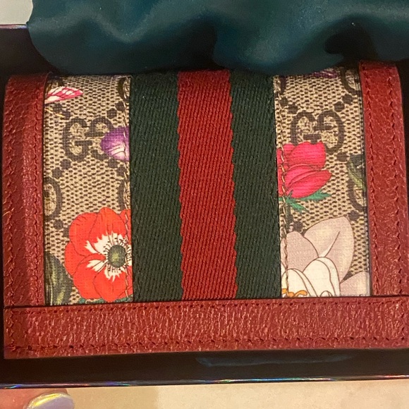GUCCI Ophidia GG Web Flora Card Case Wallet -Red Leather -NEW - Picture 2 of 7